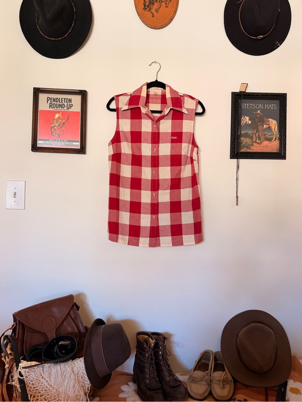 Vintage! Guess Red and Cream Plaid Collared Button-Up